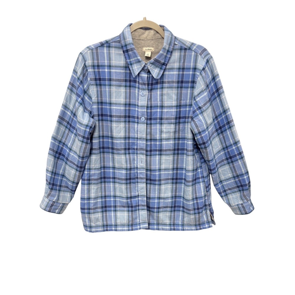 LL Bean Mens Fleece Lined Flannel Shirt Blue Plaid‎ Cotton Button Down M 285016